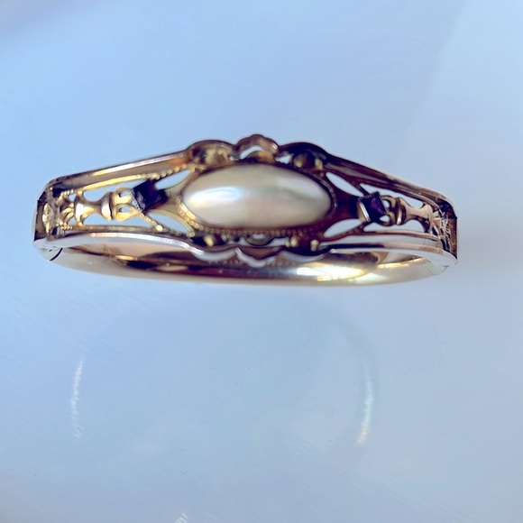 Antique Edwardian Gold Tone Glass Purple Pearl Stone Bangle Bracelet S.O.B & CO - Picture 3 of 15